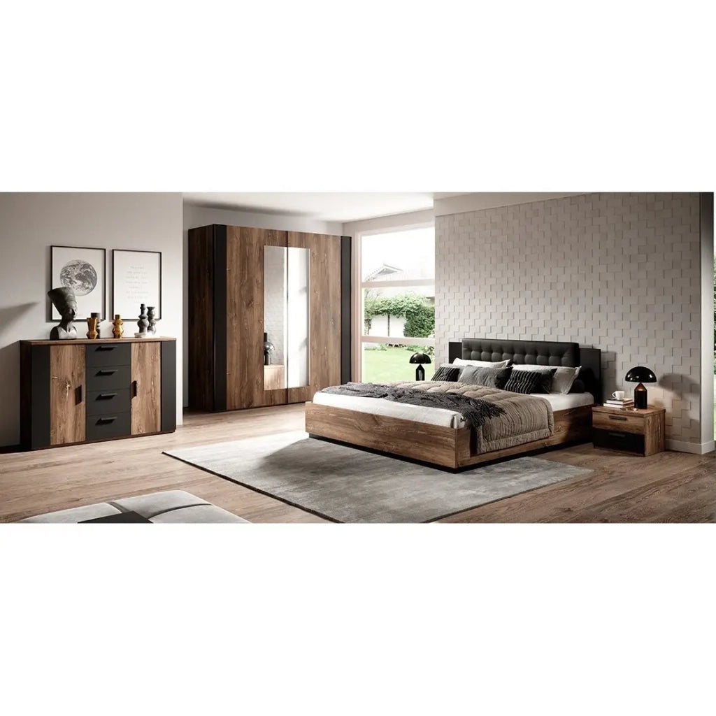 Camera completa FOX – Armadio 200 cm, Letto 160x200 con doghe incluso, Cassettiera, Comodini – Rovere scuro