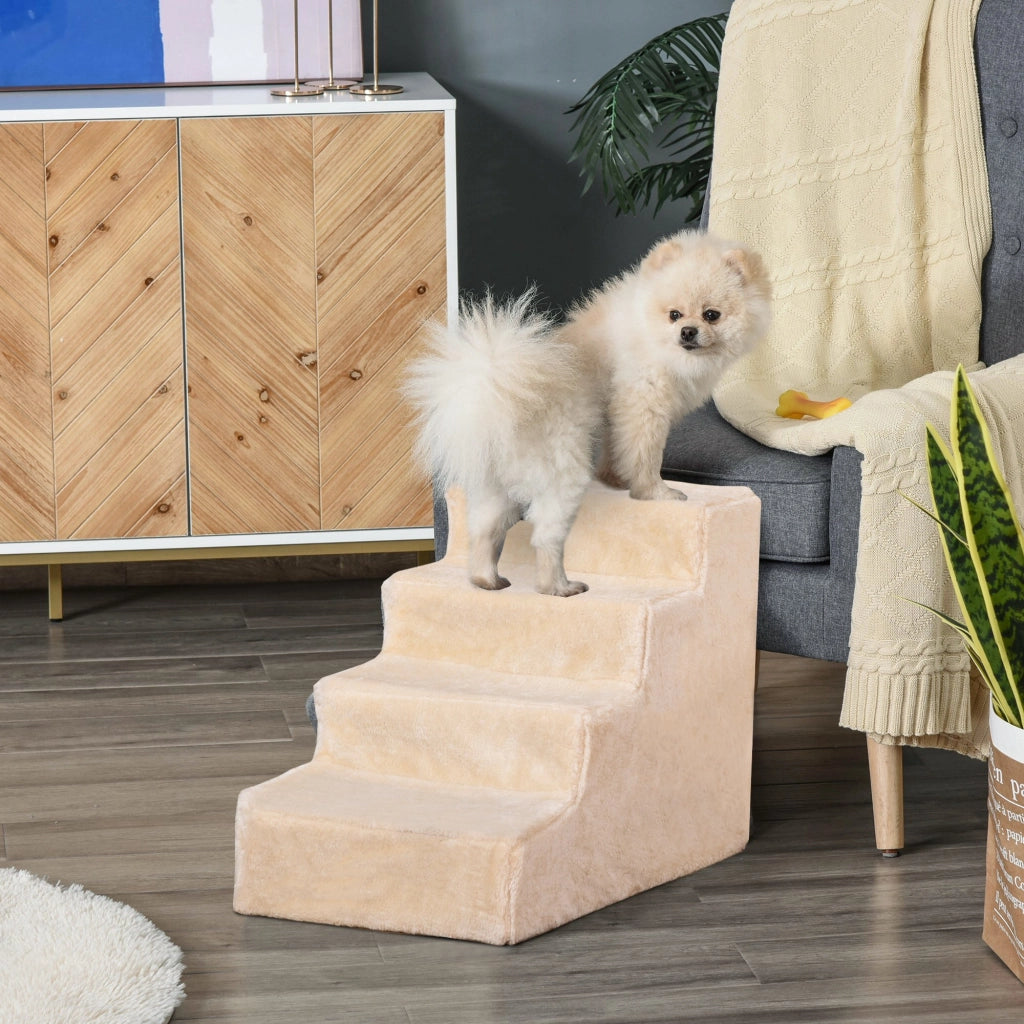Scaletta per Cani Portatile a 4 Gradini, in Tessuto Vellutato Sfoderabile e Truciolato, 60x35x44 cm, Beige