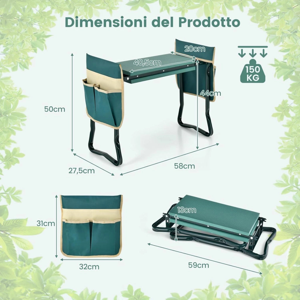 Inginocchiatoio da Giardino 2 in 1, Sgabello da Giardino Portatile e Pieghevole per Inginocchiare e Sedere, Sedile per Giardinaggio con 2 Tasche Porta Attrezzi e Materassino Ampio