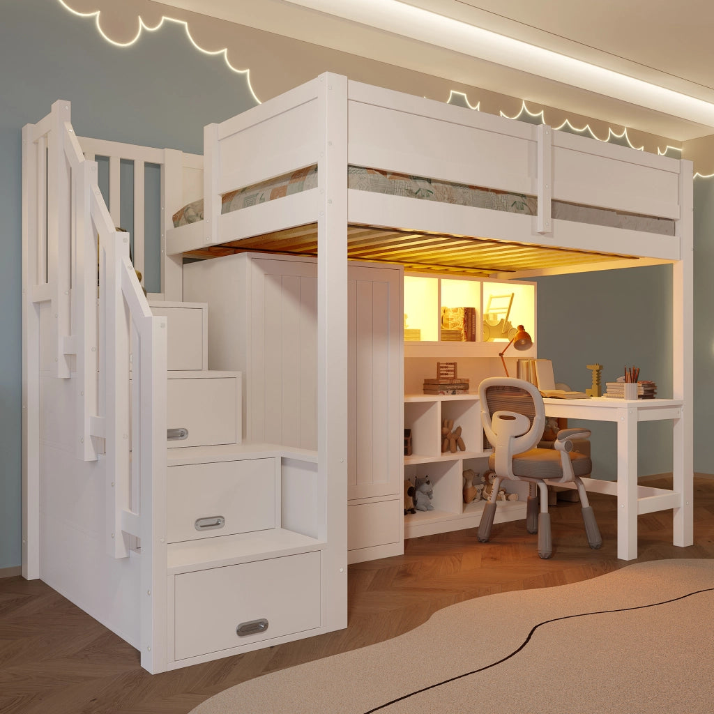 Letto a soppalco 90x200 con scrivania; armadio; scaffale e luci LED bianco