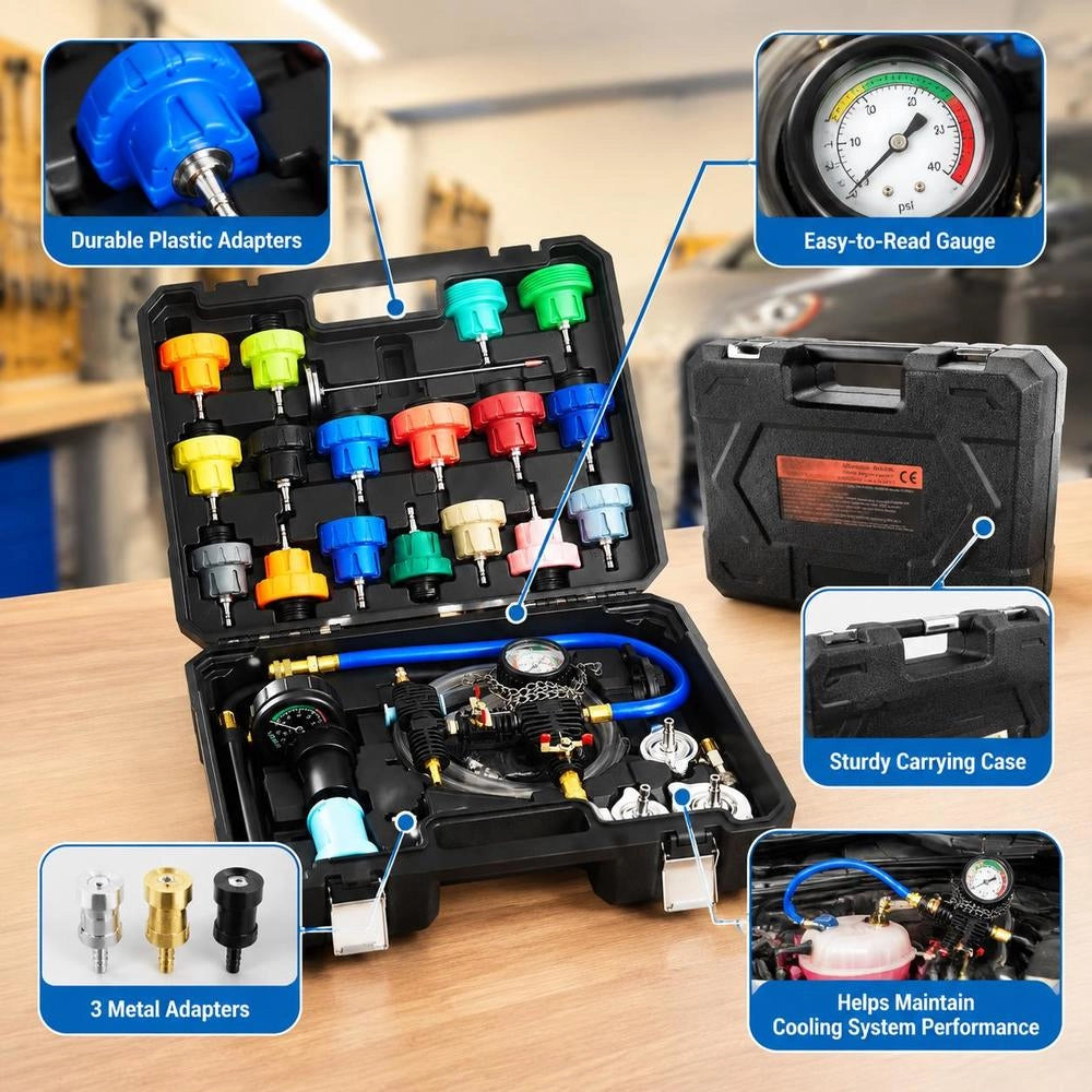 Coolant Pressure Tester Kit, 47Pcs Radiator Vacuum Refill Kit With 3 Metal Adapters, Universal Fit, Automotive Cooling System Pressure Tester Tool, With Pressures Pump & Plastic Filler