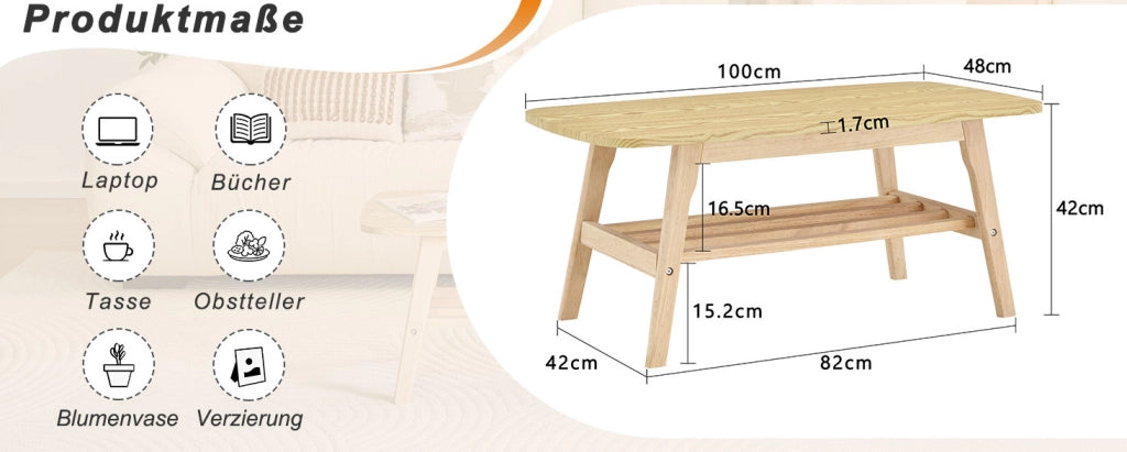 TAVOLINO DA CAFFÈ a due ripiani 110 x 58 x 19 cm in legno