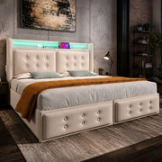 Letto con cassetti 180 × 200 cm LED e ricarica USB-C; testiera imbottita; cotone e lino beige