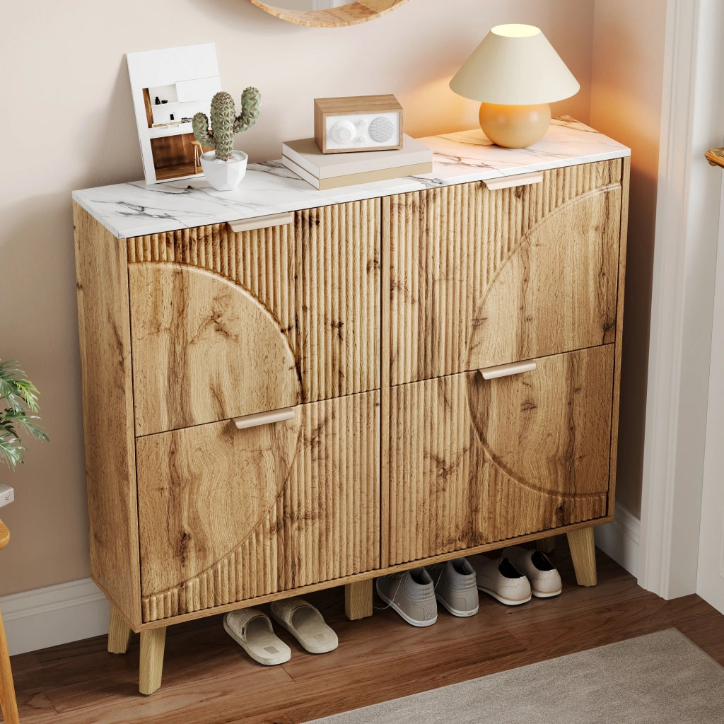 Scarpiera con quattro ante a ribalta piano effetto marmo MDF naturale gambe in legno 105 × 24 × 95;5 cm