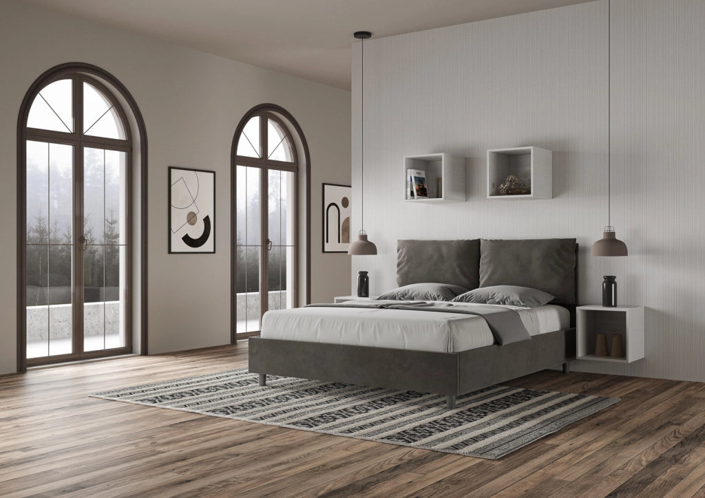 BS COM Letto queen size contenitore imbottito 150x200 microfibra grigio