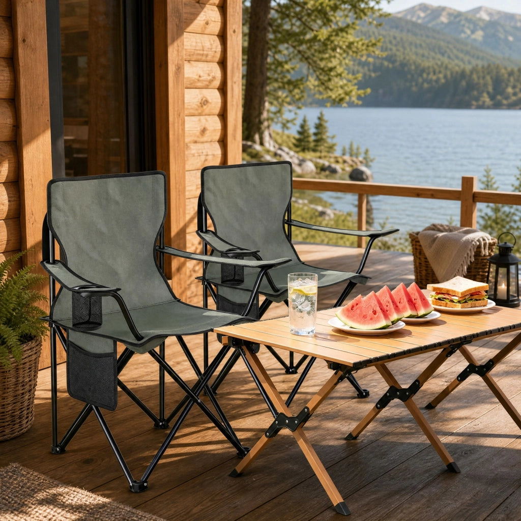 Set di sedie pieghevoli da campeggio a 2 posti in metallo, tessuto oxford e mesh, grigio scuro, con portabevande 47 × 76 × 80,5 cm