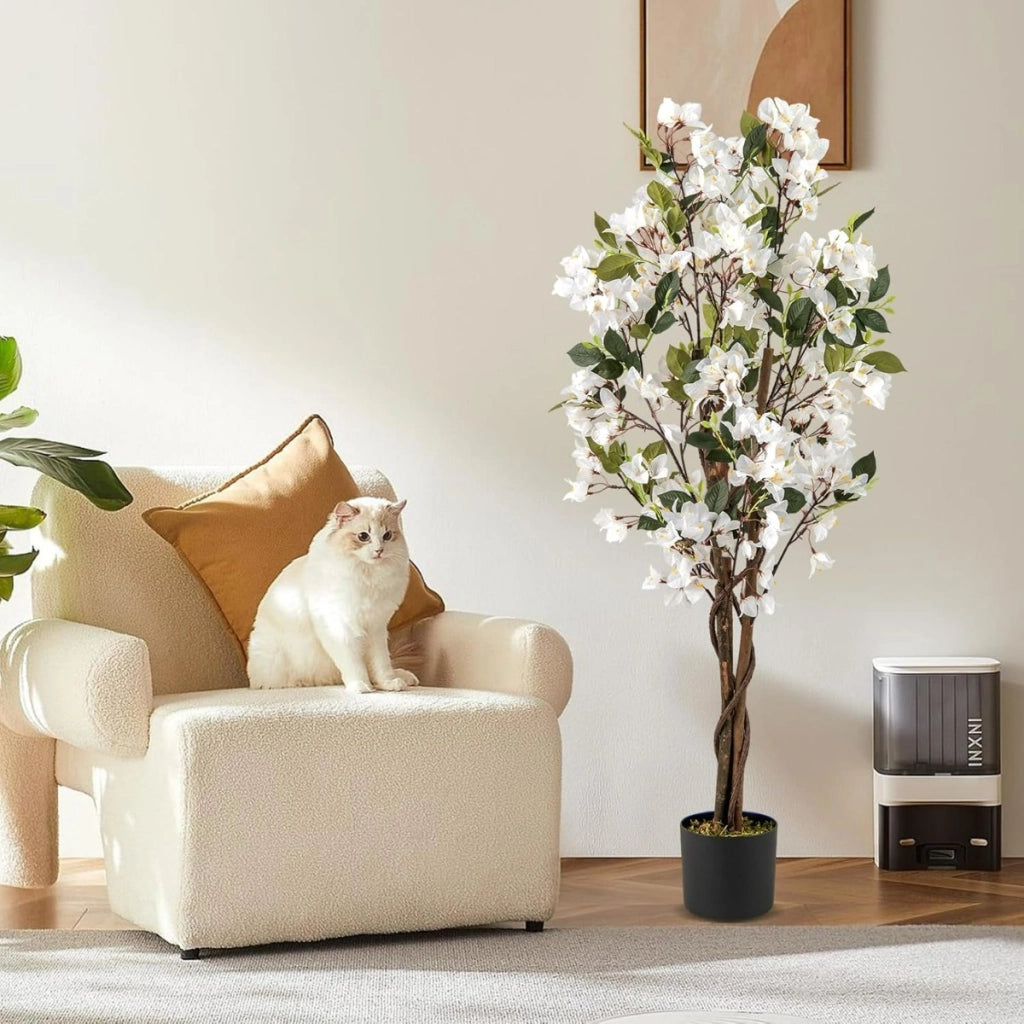 Albero artificiale di bougainvillea alto 120 cm-Pianta verde finta in vaso con 360 fiori e 40 foglie Bianco 1 Confezione