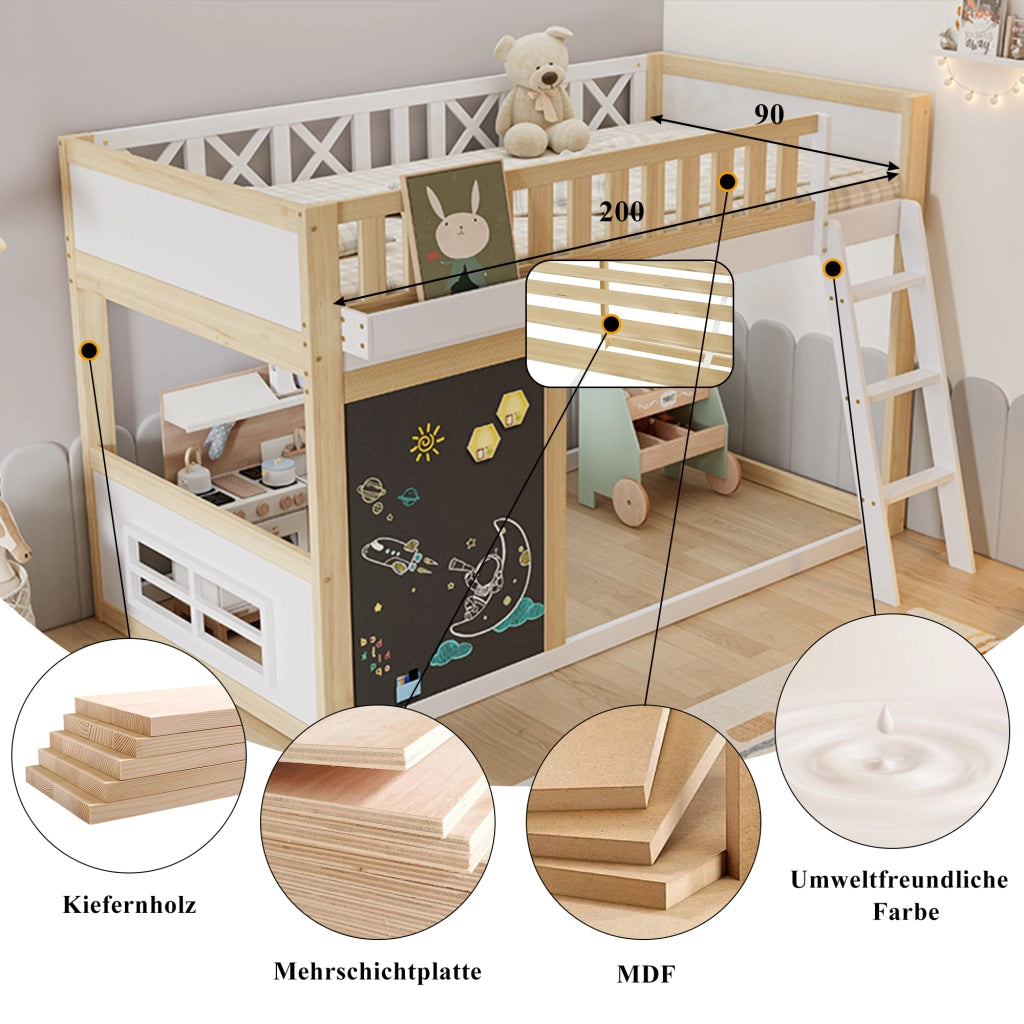 Letto alto per bambini, 90x200 cm, con lavagnetta, scatola contenitore, sponde di sicurezza, contenitore sotto il letto, pino + MDF, Bianco + Naturale