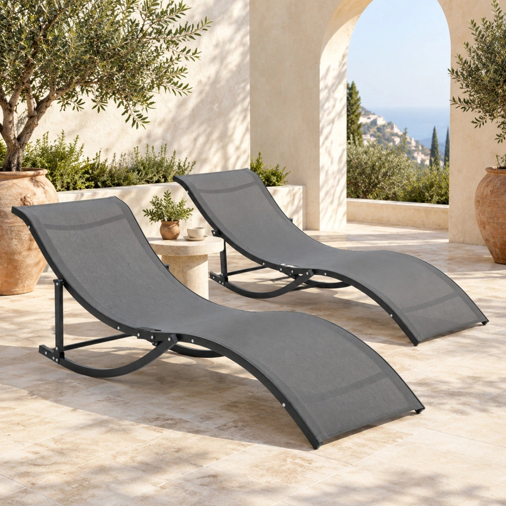 Set di 2 lettini prendisole pieghevoli a S in Texteline e alluminio grigio scuro per giardino o piscina