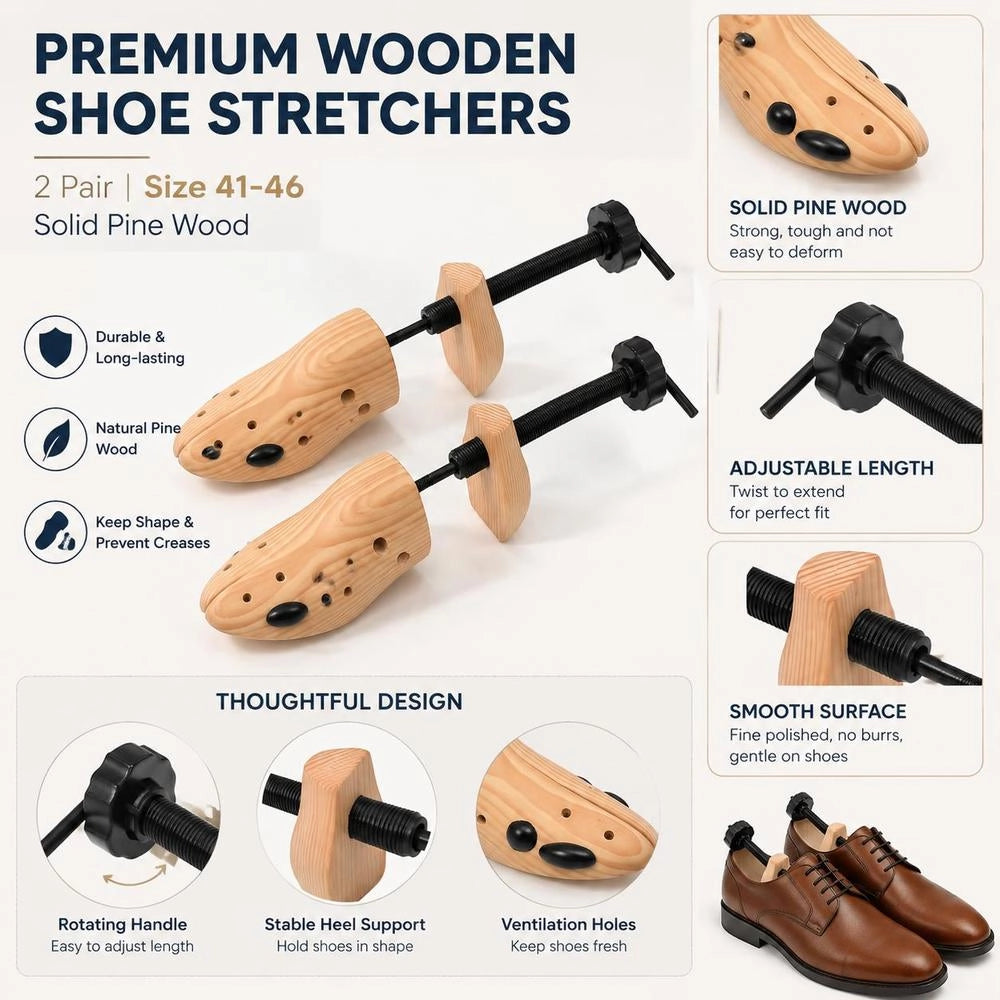 Shoe Trees, 2 Pairs, Size 41-46, Solid Pine Wood