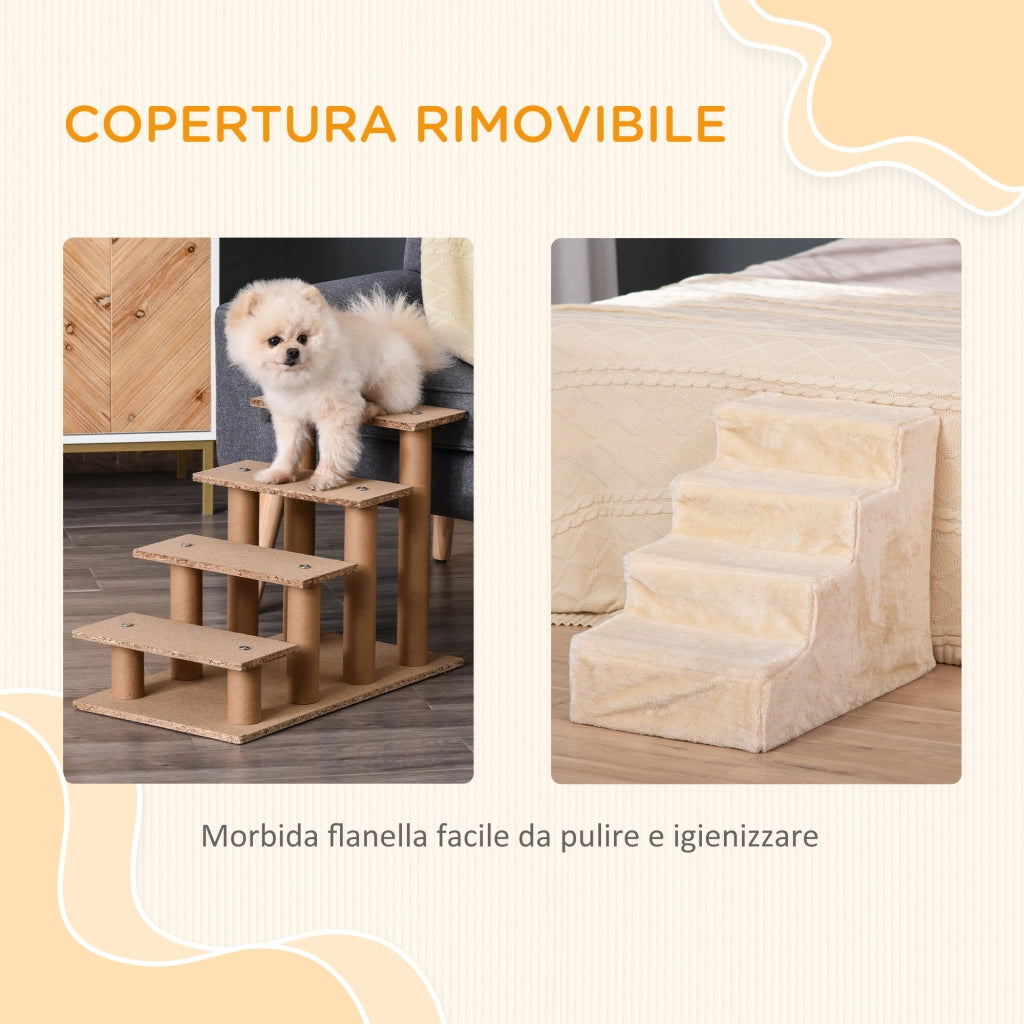 Scaletta per Cani Portatile a 4 Gradini, in Tessuto Vellutato Sfoderabile e Truciolato, 60x35x44 cm, Beige