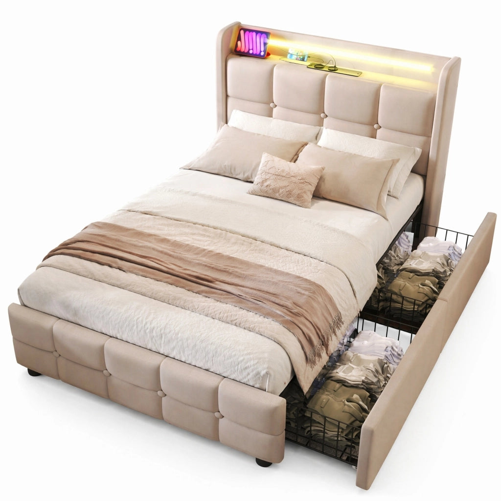 Letto singolo imbottito 90x200 cm con USB; prese; LED e 2 cassetti; beige