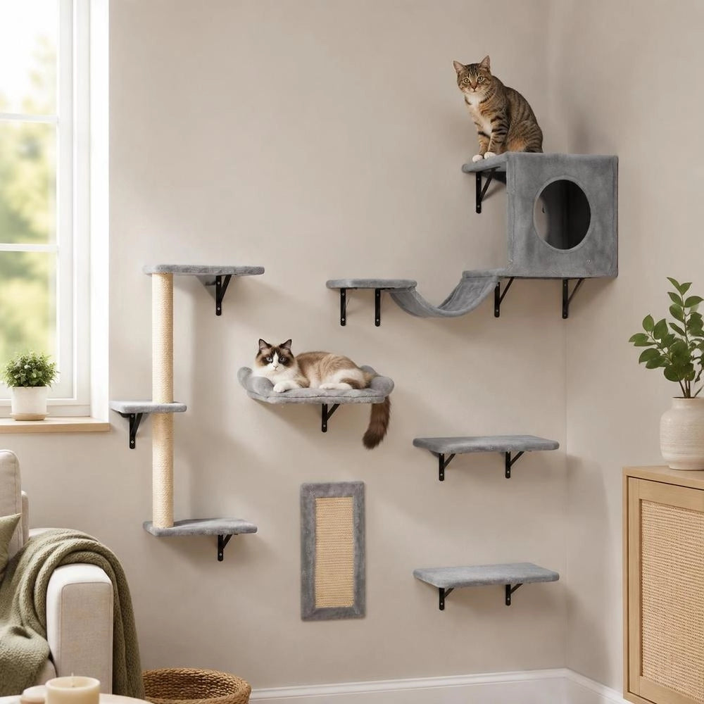 Wall-mounted Cat Shelves, Cat Wall Shelves And Perches With Jumping Boards, Hammock, Sofa, Cat Tree & Cat Handle, Cat Furniture And Shelves Up To 18 Kg For Sleeping, Playing, Climbing, Set Of 6