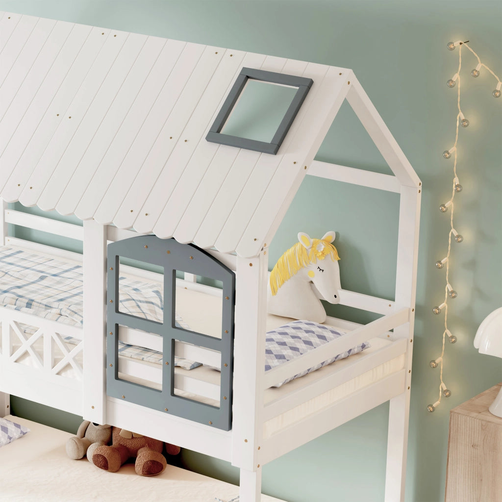 Letto a castello per bambini 90 × 200 cm 2 posti con scala e 3 armadietti; senza materasso; bianco e grigio