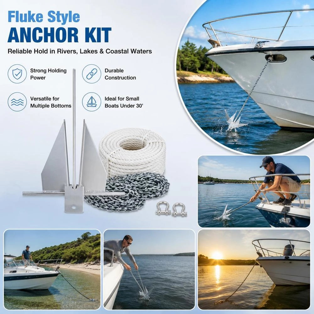 Fluke Anchor Set: Hot-dip Galvanized Steel Fluke Anchor With 2.4 M Chain, 30.8 M Rope And Two 11 Mm Shackles, Boat Anchor For Small Vessels Under 9.14 M, Seas, Rivers And Coasts, 6 Kg