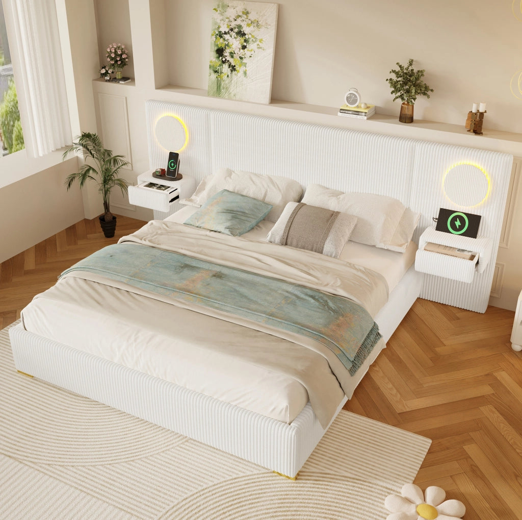 Letto imbottito 180x200 cm in velluto beige con LED, USB e comodini con cassetti