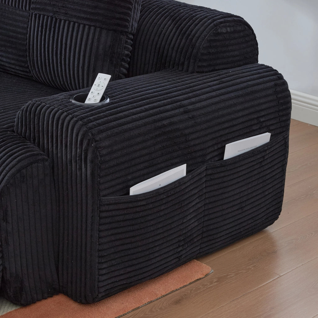 Divano modulare 4 posti con portabicchieri e tasca laterale 333x174x80 cm; corduroy nero