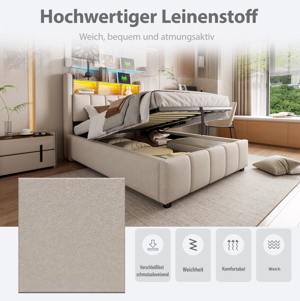 Letto singolo imbottito 90x200 cm beige con LED e USB