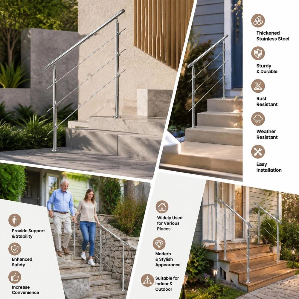 Corrimano per Gradini Esterni; Kit Corrimano per Scale 3 Traverse 120 cm Lunghezza; Ringhiere Transizione Acciaio Inox Kit Installazione