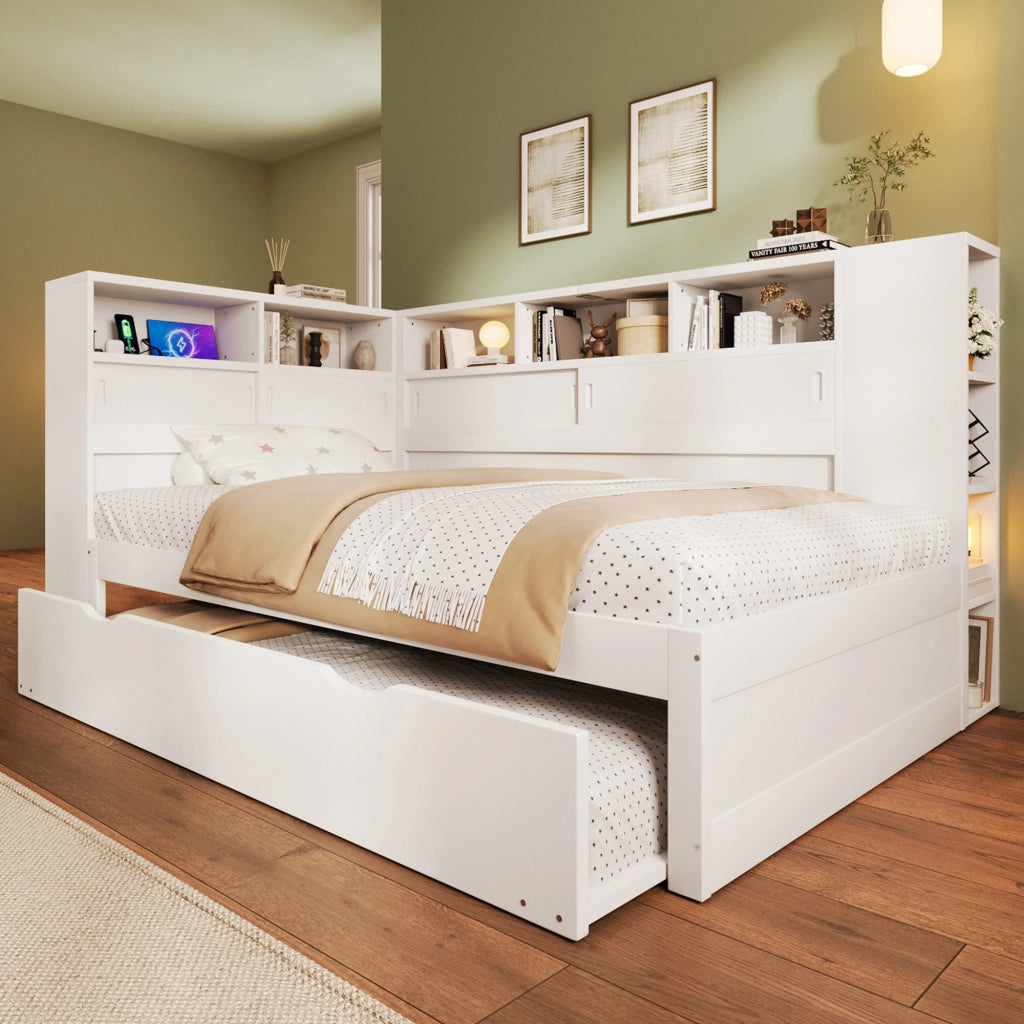 Desviae Letto per bambini 90 × 200 cm con letto estraibile vani portaoggetti USB struttura in legno di pino bianco