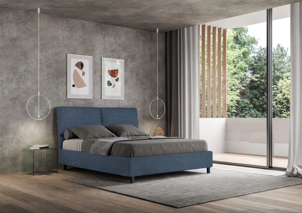 BS COM Letto matrimoniale contenitore imbottito 160x210 microfibra blu