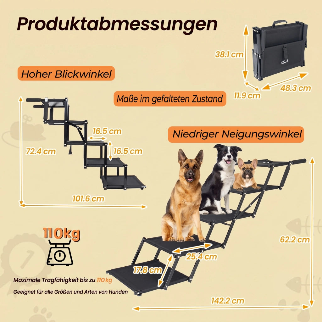 Rampa per cani extra larga, 5 gradini, pieghevole, superficie antiscivolo, manico in schiuma morbida, portata 110 kg, per auto, letti alti e furgoni