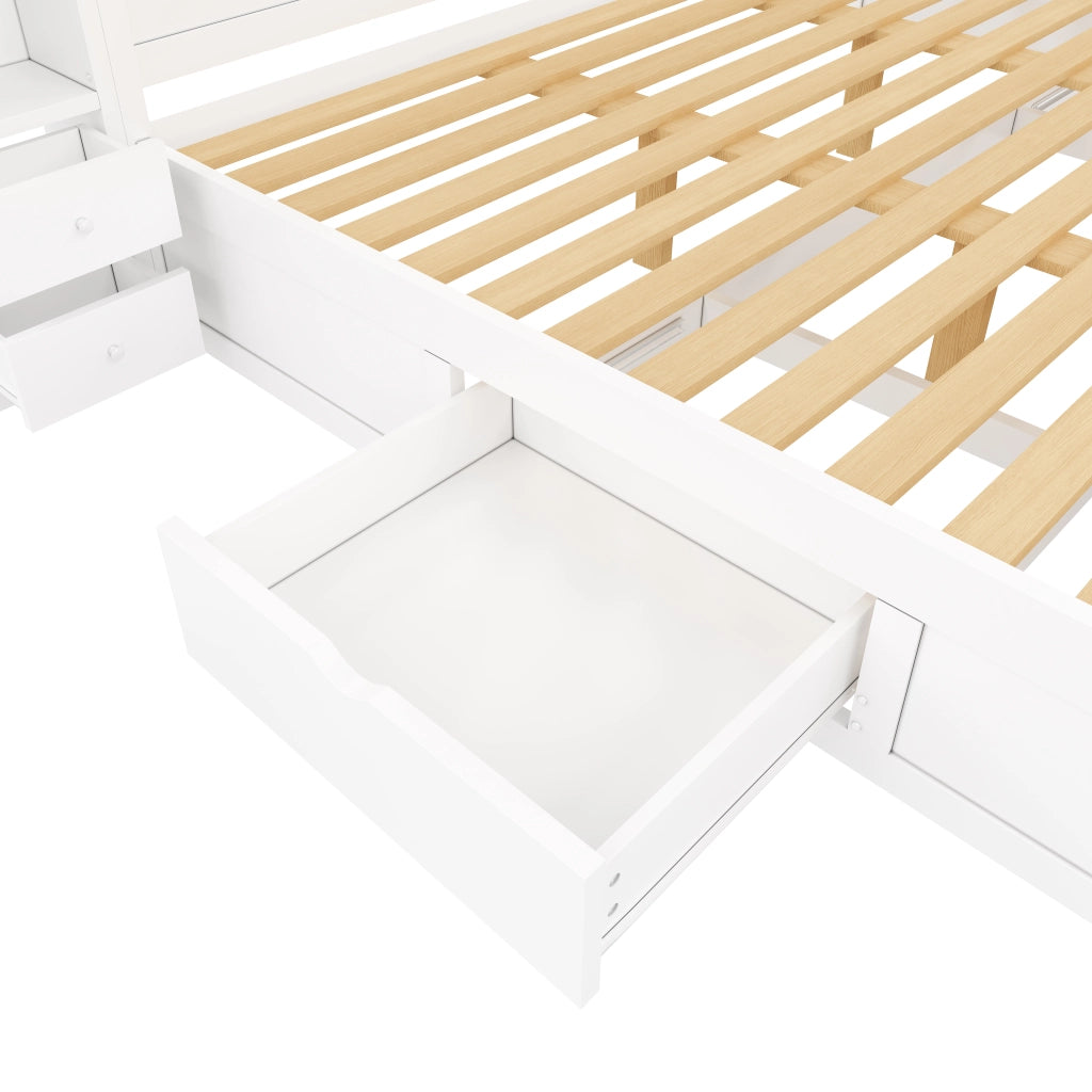 Letto matrimoniale a piattaforma 180 × 200 cm con testiera e pediera MDF e compensato bianco con 7 cassetti e LED