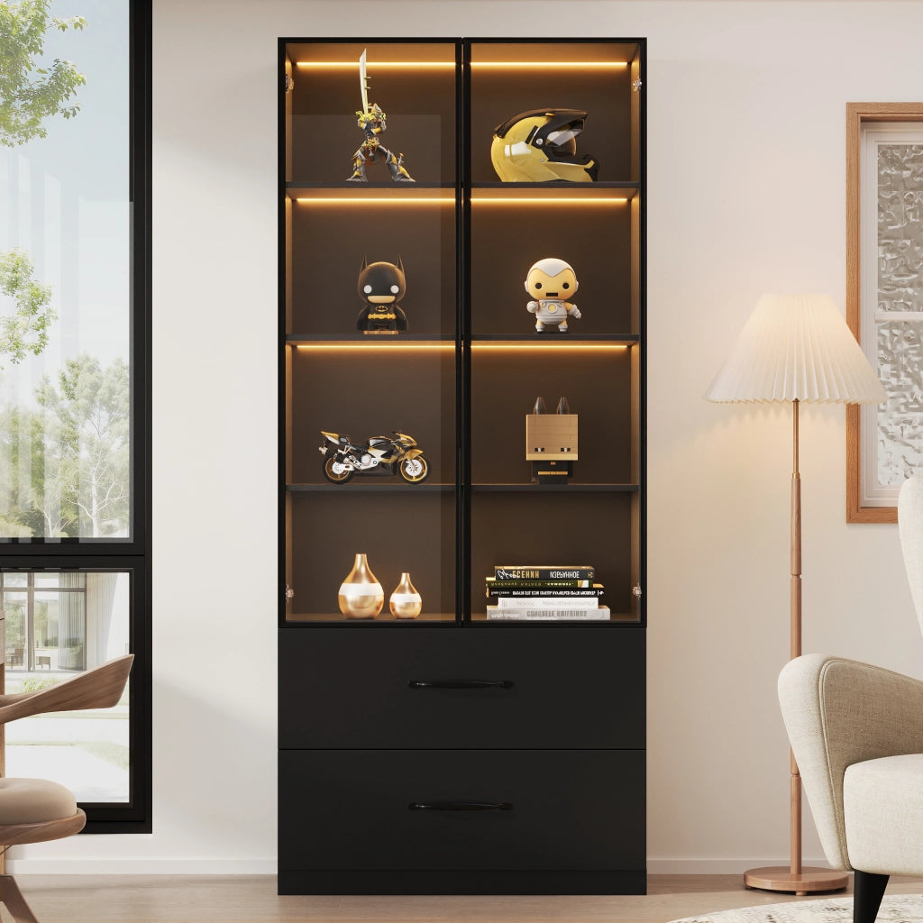 Vetrina con LED multicolore; due cassetti e cornice in alluminio nera 60 ¡Á 40 ¡Á 160 cm