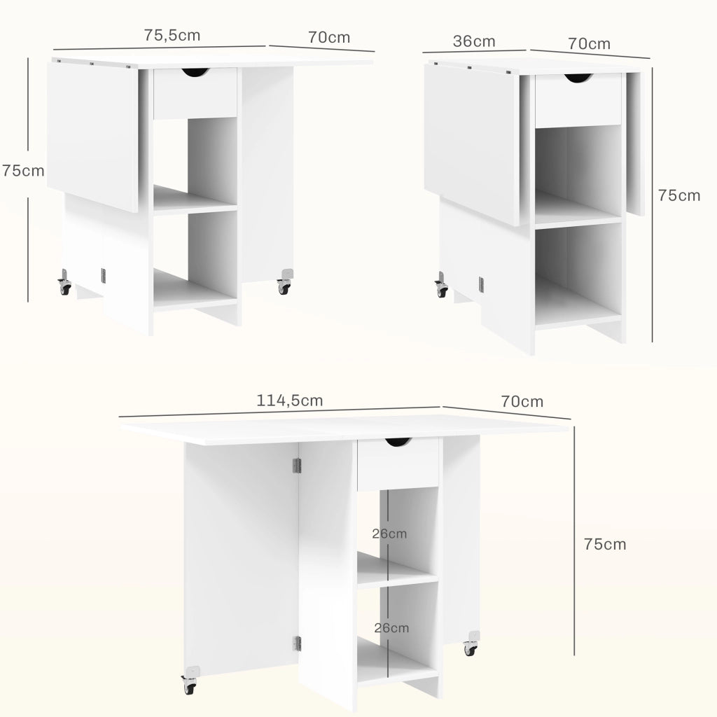 Tavolo da pranzo - pieghevole per 2-4 persone - con ripiani e cassetto - 114;5x70x75 cm - bianco