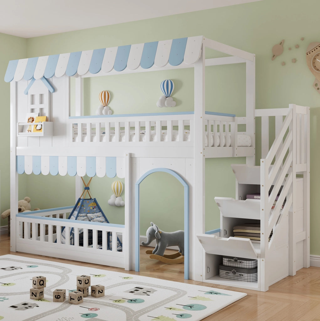 Letto a castello per bambini 90x200 cm con scala contenitore e sponde di sicurezza; bianco e blu