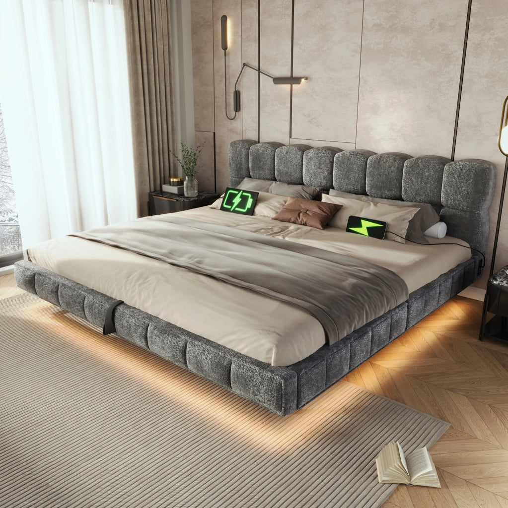Letto matrimoniale 180x200 cm con contenitore idraulico; LED; USB e Type-C; ciniglia grigia