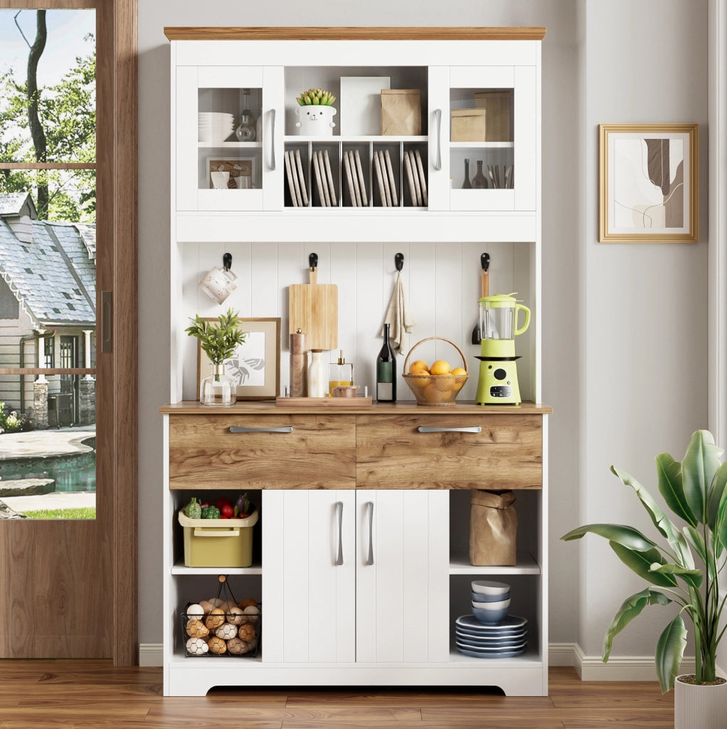 Buffet grande da cucina con ampio spazio di archiviazione, vetri trasparenti, 2 cassetti, ante e appendiabiti – 106×39×176,5 cm, bianco e color legno