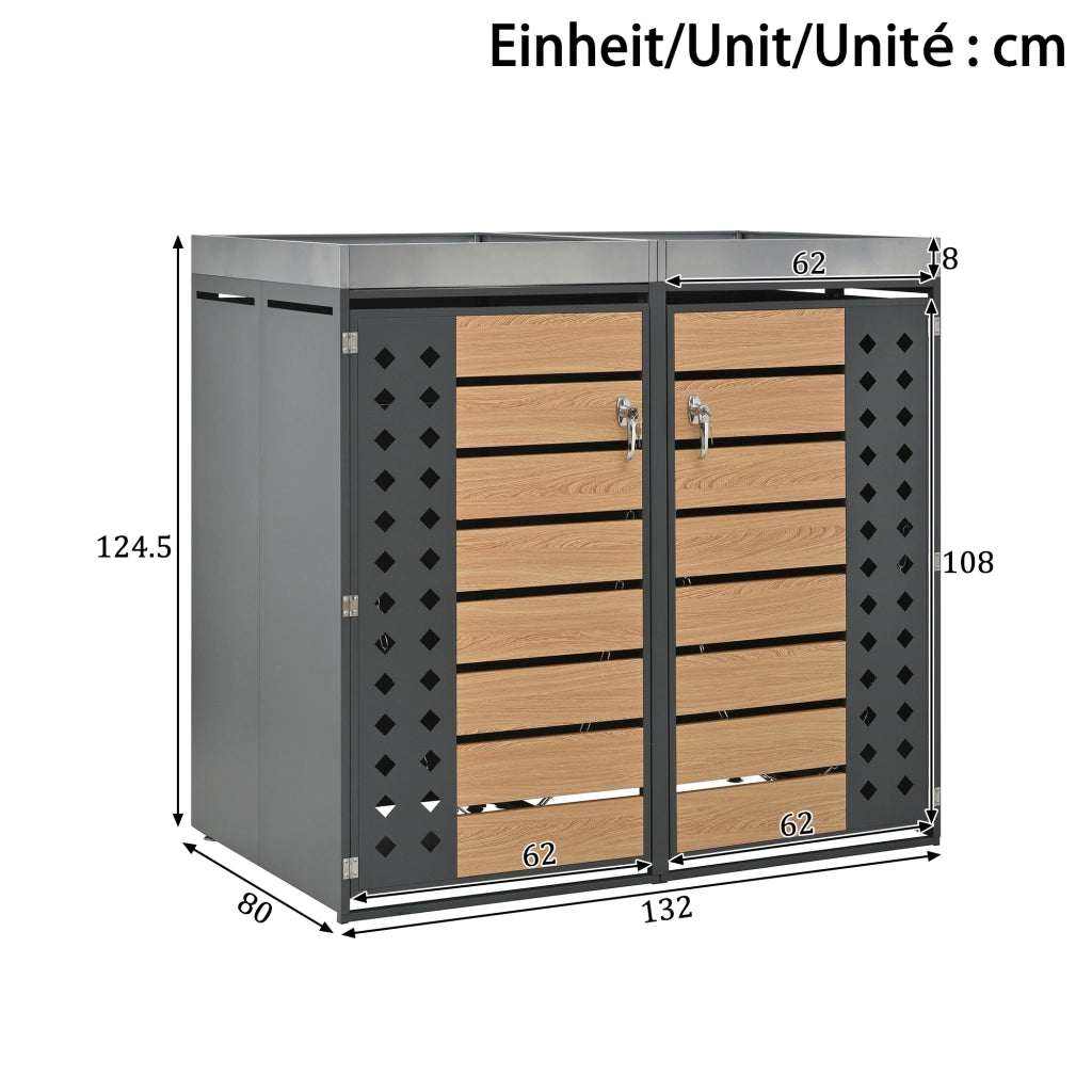 Box portabidoni a quattro scomparti con fioriera integrata in acciaio zincato grigio effetto legno con serrature
