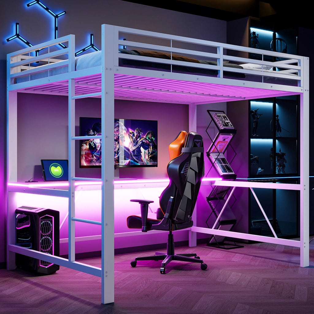 Letto a soppalco 140 × 200 cm con scrivania LED e ricarica USB in metallo e MDF bianco