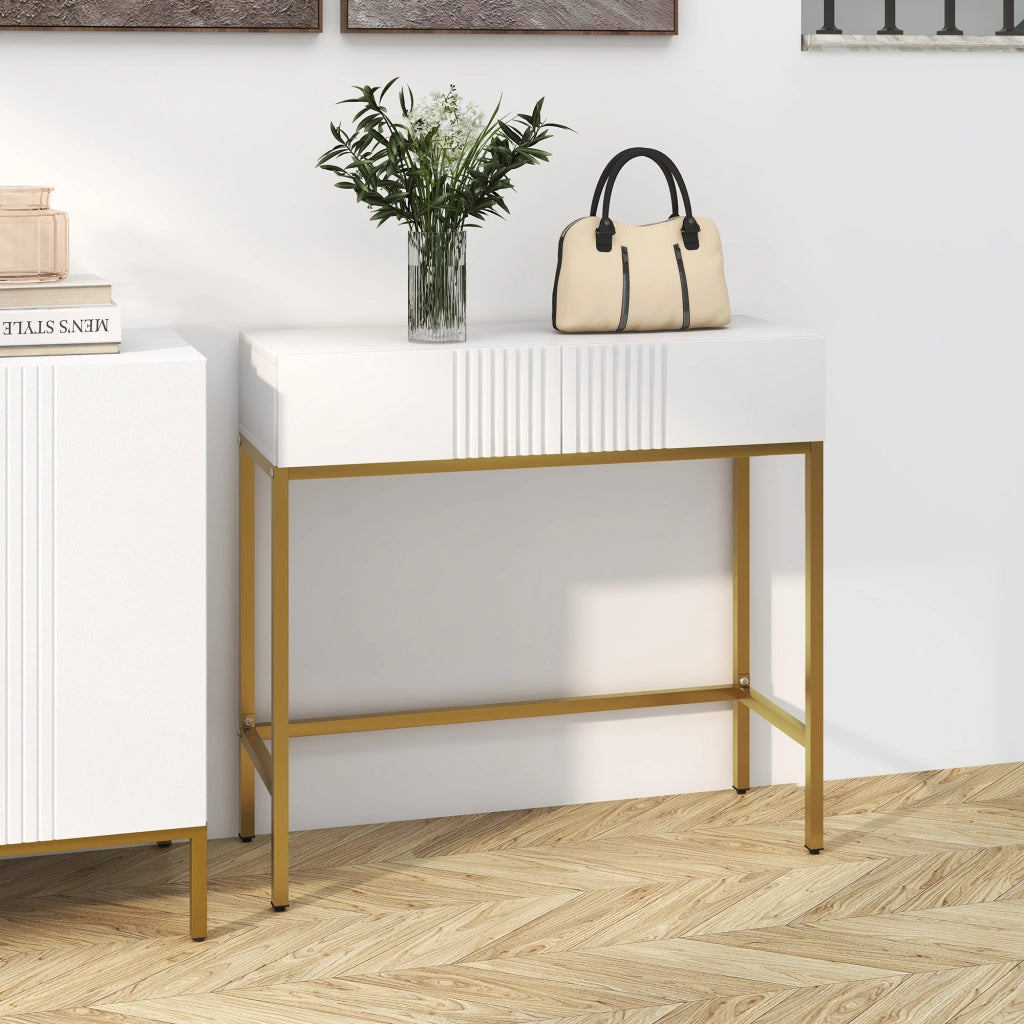 Consolle Ingresso con 2 Cassetti e Gambe Dorate ¨C Minimal ¨C Bianco 80x31.5x75cm
