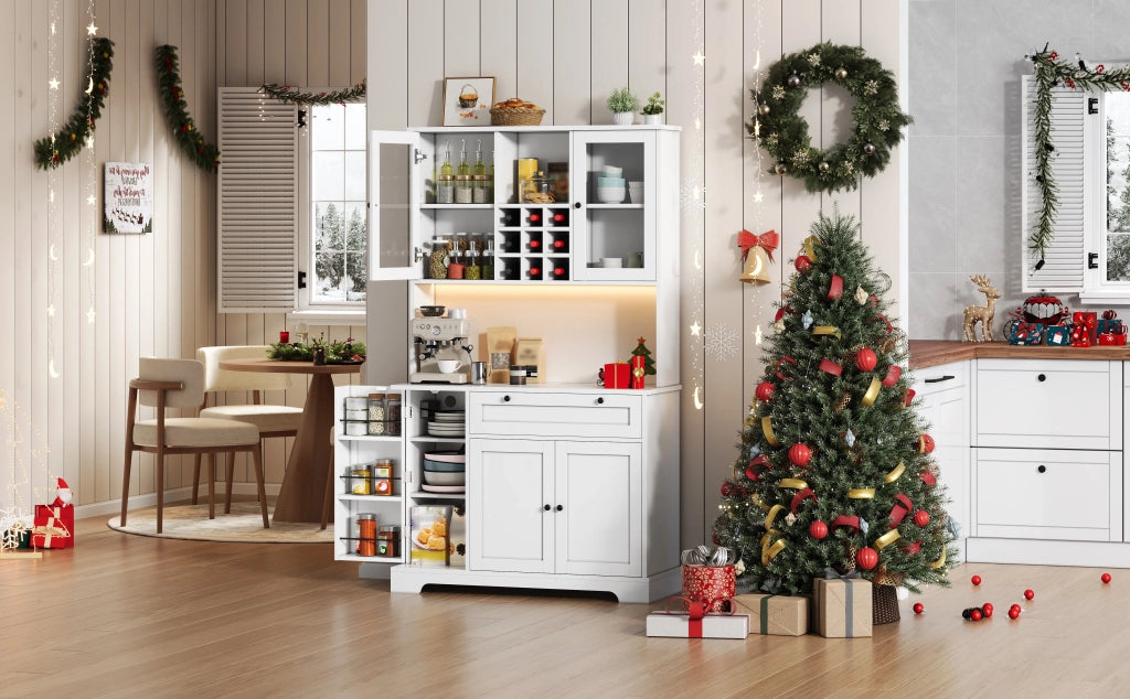 Armadio da cucina alto 180x105x40 cm con porta, ripiano spezie integrato, mensole regolabili, illuminazione LED a cambio colore e presa elettrica
