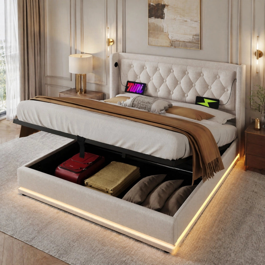 Letto matrimoniale con contenitore 160x200 cm in cotone beige; testiera con USB e Type-C; LED