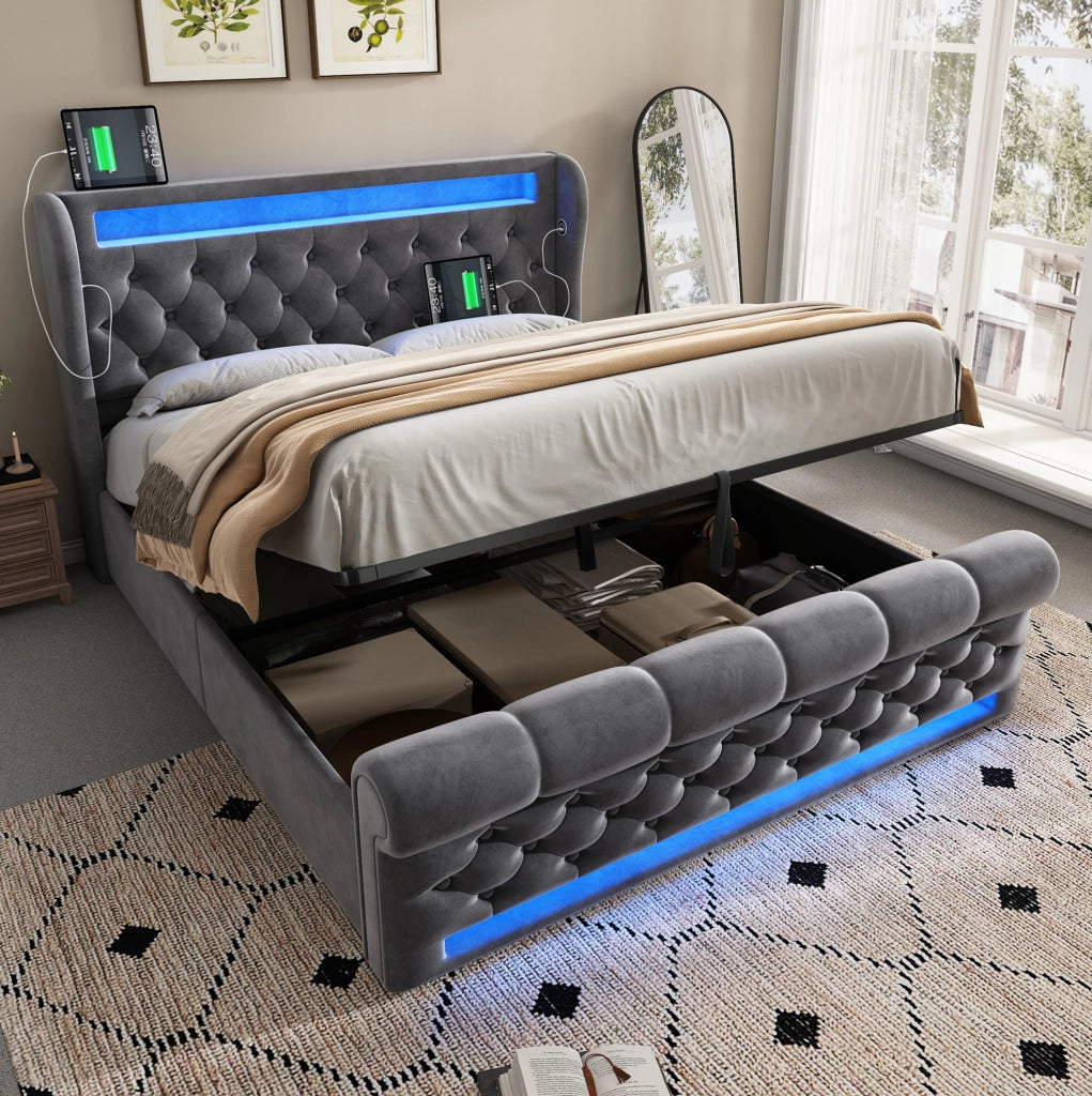 Letto matrimoniale contenitore idraulico 140 × 190 cm in velluto grigio con LED; USB e Type-C