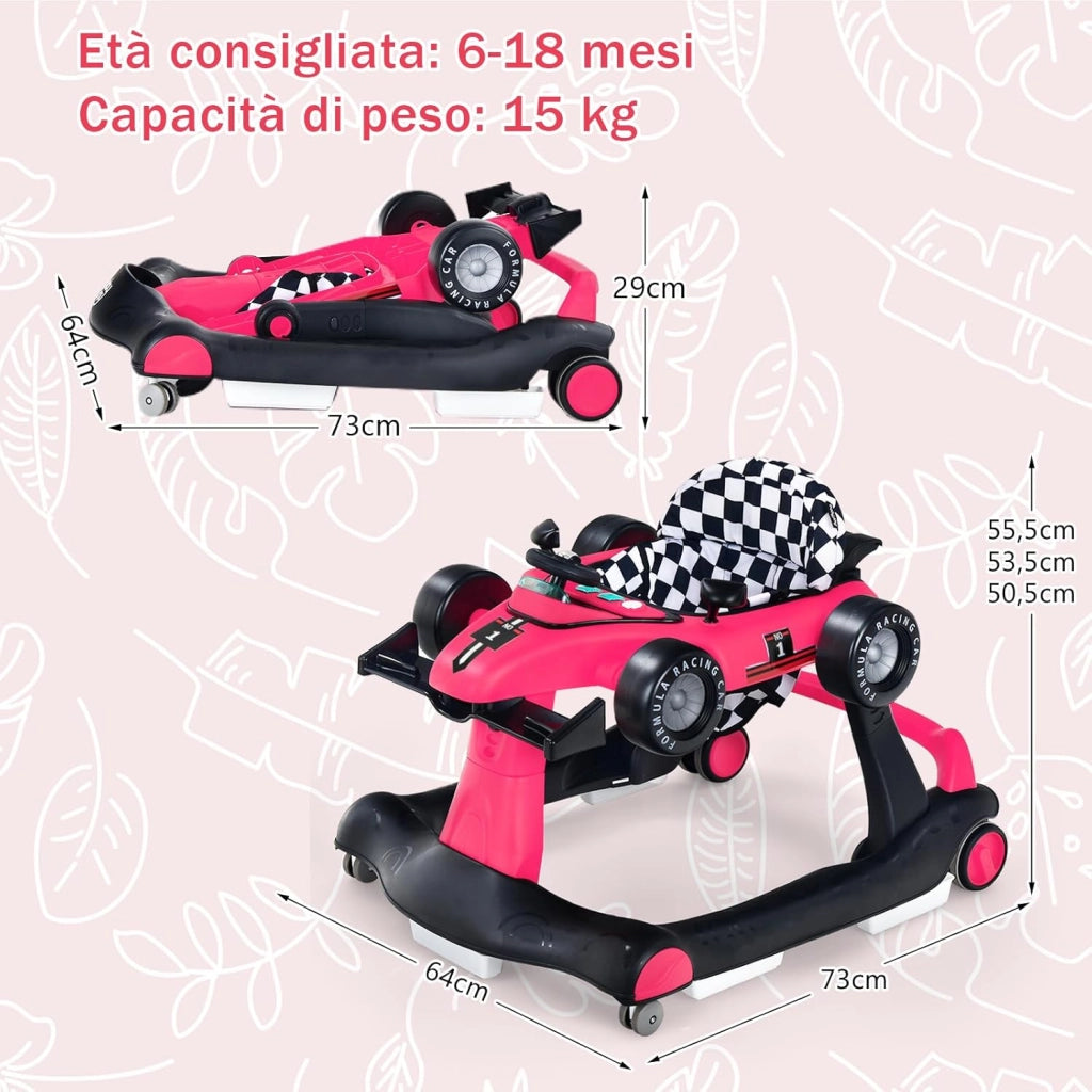 Girello per Bambini 4 in 1, Girello Pieghevole con Altezza e Velocità Regolabili, Carillon con Luci, Volante, Primi Passi per Bambini 6-18 Mesi, Portata 15 kg (Profondo Rosso)