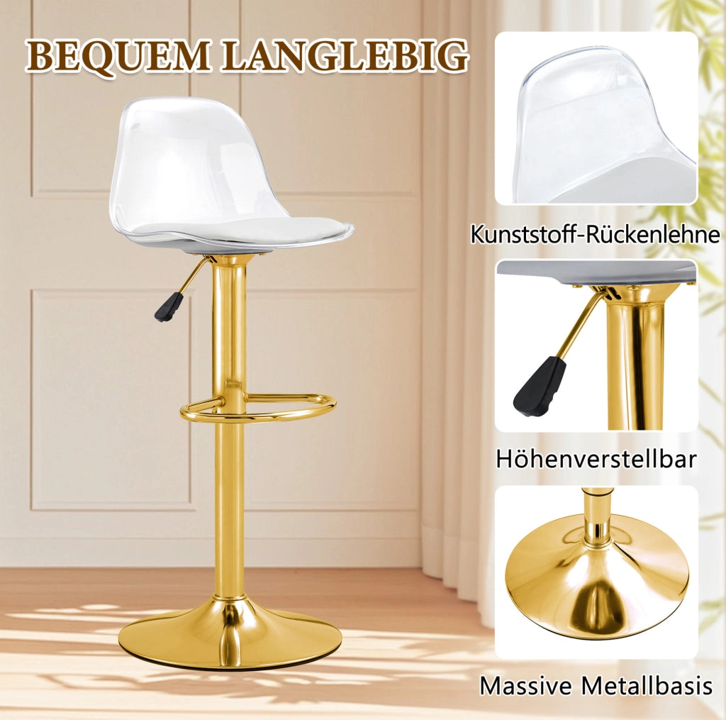 Set 2 sgabelli da bar regolabili 82-104 cm con schienale trasparente e base oro