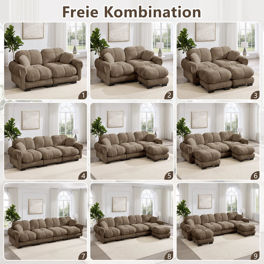 Divano modulare in ciniglia con sedute trapuntate e pouf mobili marrone 260 × 149 × 90 cm