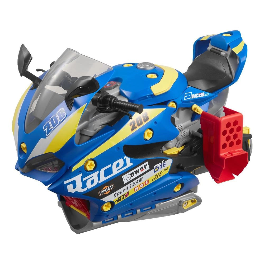 Giocattolo Motore Moto 25 Pezzi Parti Rimovibili Luci Suoni Guida Pista Officina Meccanica Bambini Blu