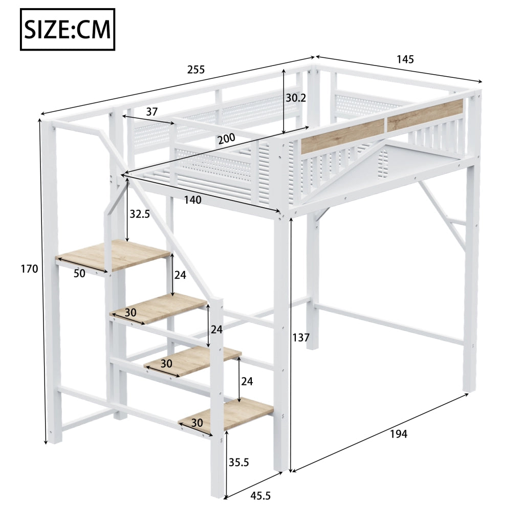 Letto a Soppalco in Metallo con Scala ¨C MINIMAL ¨C Bianco 140x200