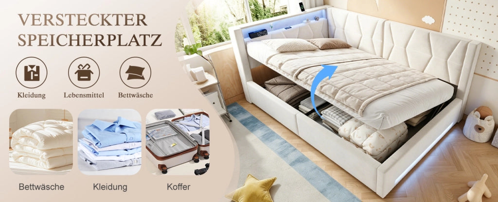 Letto imbottito 140x200 cm in velluto beige con contenitore, LED, USB e Type-C