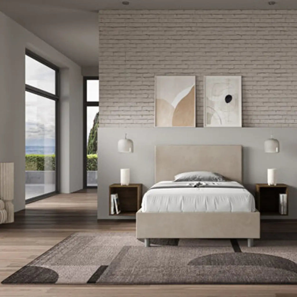 Letto una piazza e mezza contenitore imbottito 120x210 microfibra sabbia Adele