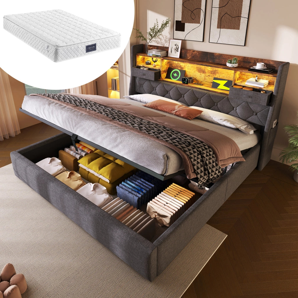 Letto matrimoniale contenitore grigio 160 x 200 cm con materasso