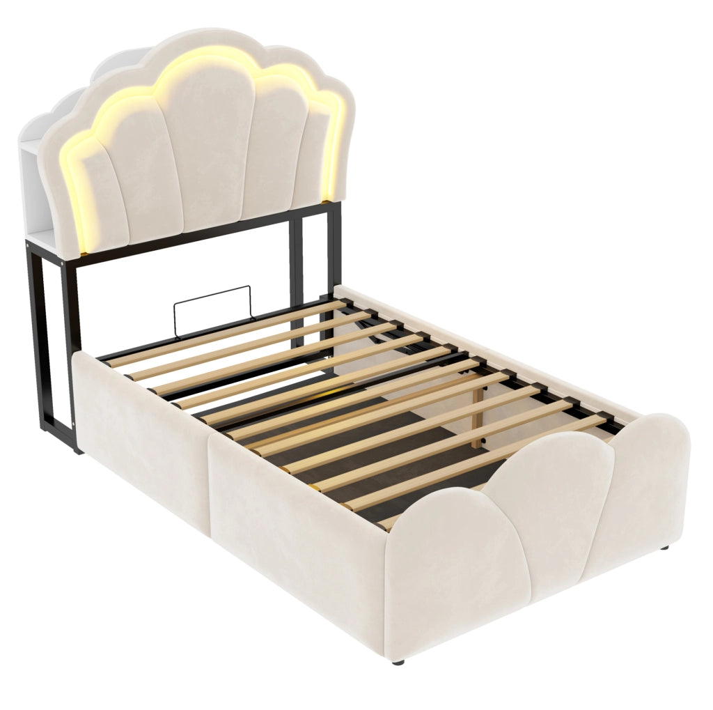 Letto imbottito 90x200 cm in velluto beige con contenitore idraulico, LED e prese integrate
