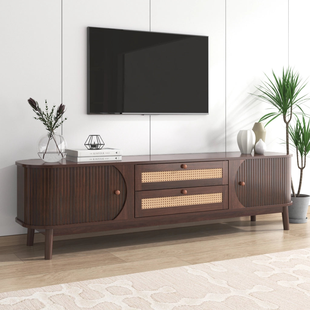Mobile TV in MDF con ante in legno e cassetti in rattan, 170 x 46 x 39,5 cm, colore legno naturale