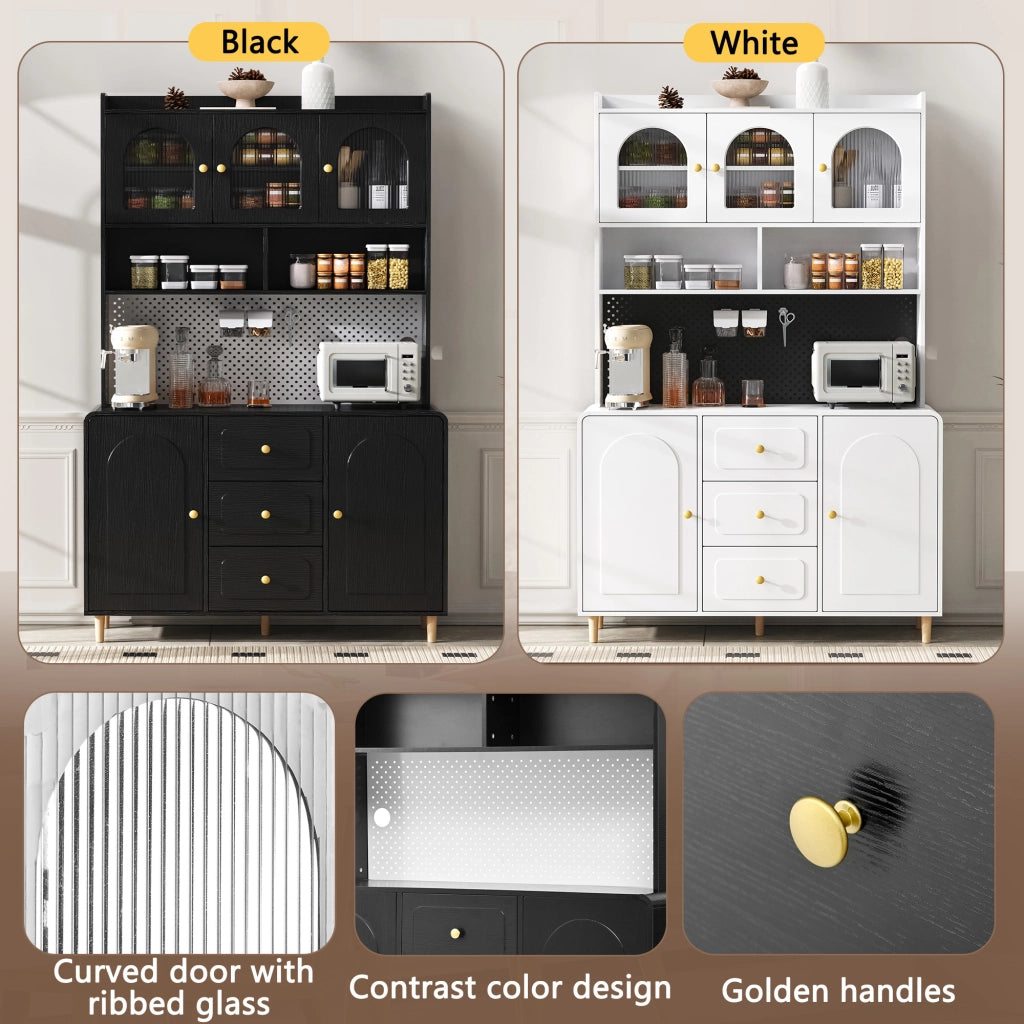 Credenza alta con 1 anta, 3 cassetti e pannello forato per cucina, in MDF, nera