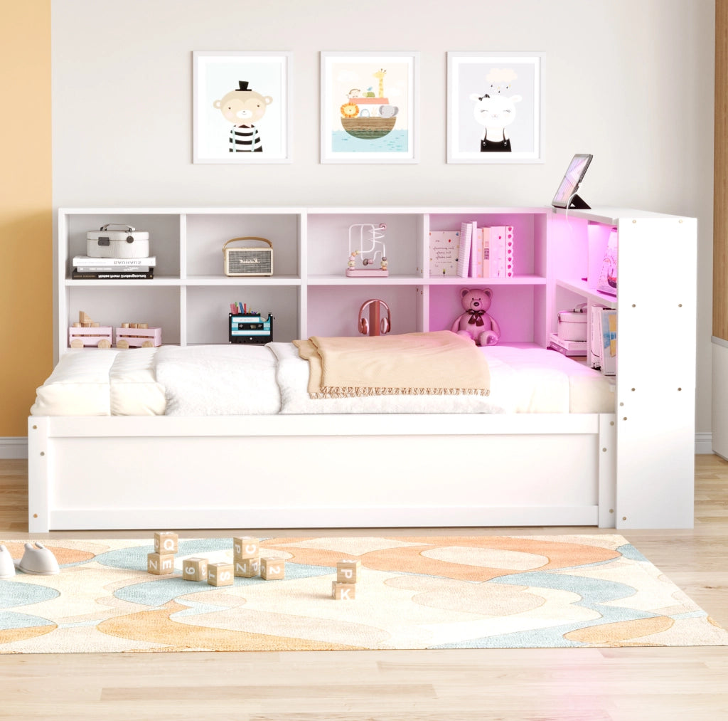 Letto Salvaspazio Multifunzionale 90x200 cm in Legno Massello con Illuminazione LED e Prese Multiple, Bianco
